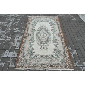 Turkish Vintage Rug, Accent 3.7x6.46 ft (114x197 cm) Rug, <b>Brown</b> Check <b>Wool</b> Rug - Product Image 1