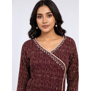 Kurta de Algodón Popelín Estampado Color Granate para Mujer, Estilo Casual, Transpirable, para Uso Diario, Cuello Barco, Mangas Tres Cuartos - Product Image 2