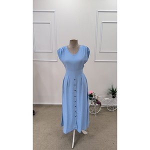 Vestido Midi de Viscosa Tejida con Cuello en V y Botones Delanteros de Manga Corta para Mujer de Jane's - Estilo Casual Línea A para Primavera/Verano - Product Image 6