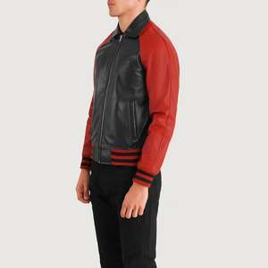 Chaqueta Varsity de Piel de Oveja Estilo Vintage Walton, Casual, Roja y Negra, Talla XS, Impermeable, con Patrón Bordado de Lana, Otoño, Paquete Individual - Product Image 2