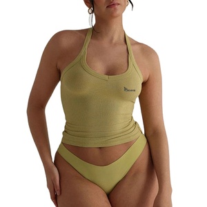 Conjunto de traje de baño tankini con cuello halter para mujer, nailon y spandex, sujetador incorporado, elástico, de secado rápido, conjunto de bikini de dos piezas para playa - Product Image 6