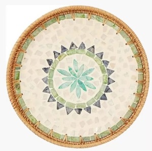 Plateau de service rond en bambou pour hôtels et cuisines domestiques, plateau de service en rotin avec incrustations d'os, prix de gros - Product Image 6