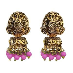 Kriaa Pendientes de aro fino con cuentas rosas chapadas en oro antiguo de Jhumki, pendientes de aro fino de color rosa con cuentas de oro antiguo - Product Image 1