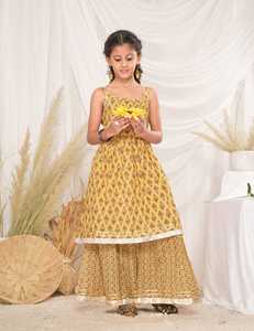 Girls Kids Ethnic Dress Cotton Cambric Kurta Sharara Suit <b>Gota</b> Lace O-Neck Solid Pattern for Wedding Birthday Partywear 2025 - Product Image 2