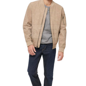 Men's Tan <b>Suede</b> Bomber <b>Jacket</b> Collarless Zipper Closure Casual Autumn Wear Regular Fit Solid Color - Product Image 1