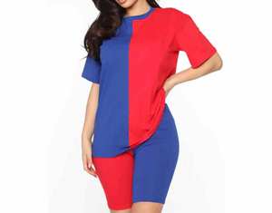 Tenues d'été 2 pièces 100% coton pour femmes Short taille haute avec haut à manches courtes Ensembles de shorts confortables et élégants pour femmes - Product Image 1