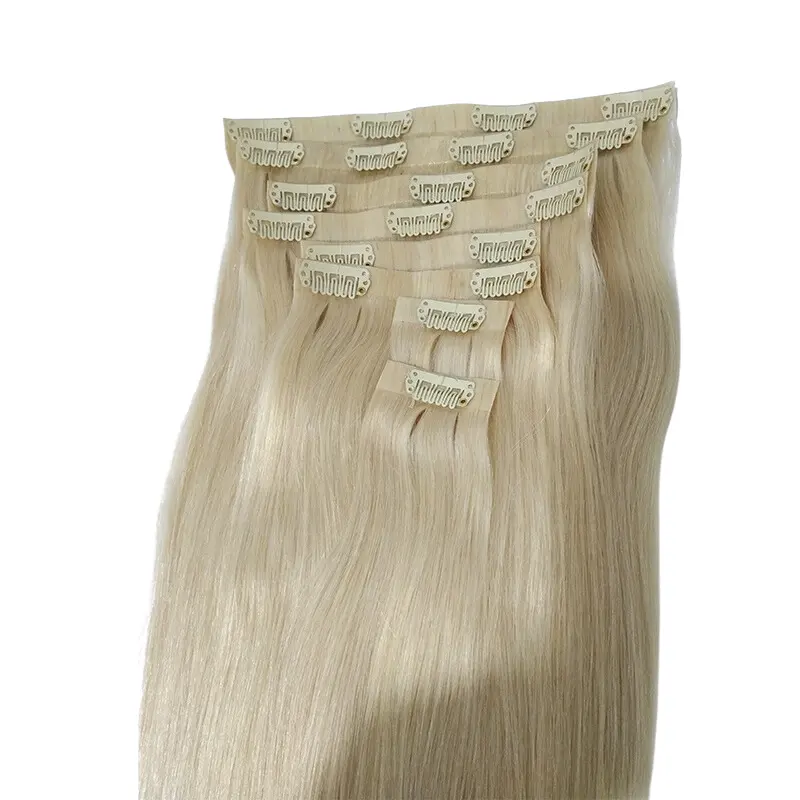 100% 원시 베트남어 인모 확장 화이트 금발 PLA02 매끄러운 클립 스트레이트 표준 더블 럭스샤인 머리에서 그린