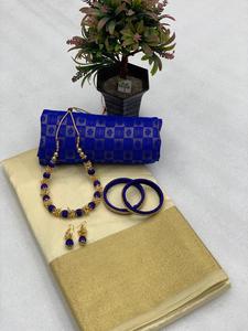 Tusser Silk y Bavanchi Border Jacquard Blusa con joyería Sari Set Ropa de fiesta formal para mujer - Product Image 6