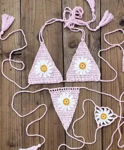 Bikini merah muda renda untuk malam pertama desain baru set bikini buatan tangan katun wanita