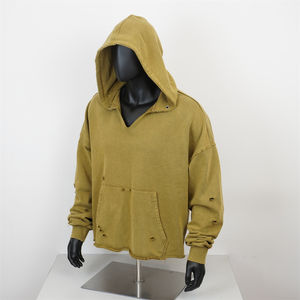 Best Selling Men's Vintage Ripped <b>V</b>-Neck Blank Drop Shoulder French Terry Acid <b>Wash</b> Distressed Cropped Hoodie High Winter - Product Image 1