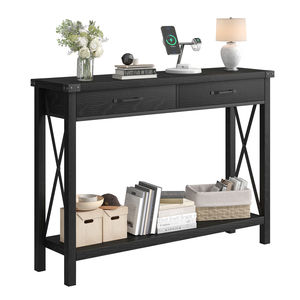 Consolle Moderna di Lusso con Gambe in Legno a Due Livelli, Pannello in MDF Grigio e Dettagli a Specchio per Ingresso e Uso Domestico/Alberghiero - Product Image 1