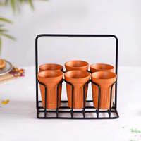 Ensemble de 6 gobelets en argile terracotta faits à la main, style Japandi, support en fer noir, design indien Kulhad, étanches, compatibles lave-vaisselle et micro-ondes