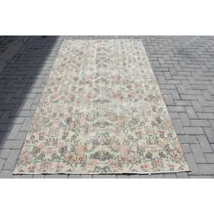 Alfombra de lana turca Vintage 4,9 pies X 8,3 pies Beige Rosa Patchwork diseño técnica de tejido plano para decoración de sala de estar látex - Product Image 1