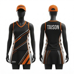 Uniforme de Netball para Mujer, Tela de Poliéster Transpirable de 150 GSM, Diseño de Paneles en Negro y Naranja, Logotipo Personalizado por Sublimación - Product Image 1