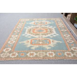 Tapis Kilim Turc Vintage 4.1X5.6 Ft Bleu Orange Patchwork Design Laine Matériau Latex pour Salon Couloir pour Adolescents - Product Image 3