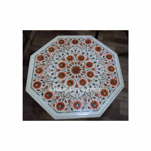 New Inlay Flower Design <b>White</b> Marble Coffee <b>Table</b> Top <b>Round</b> Shape Fine Polished Glossy Surface For Home And Office Decoration - Product Image 4
