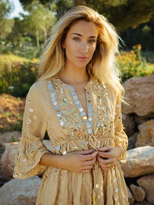 Vestido de fiesta hecho a mano longitud mini manga tres cuartos bordado trabajo espejo recién llegado - Product Image 2