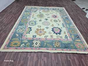 Alfombra Oushak tradicional moderna de peso verde claro, lana tejida a mano, 9x12, Coral azul marino, 8x10, 10x14, 12x15, alfombra turca colorida - Product Image 4