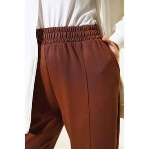 Loysha Women's Classic Striped <b>Trousers</b> Breathable Brown <b>Pants</b> Side Stripe Decoration Elastic Waist Mid Waist Type Colored Wash - Product Image 4