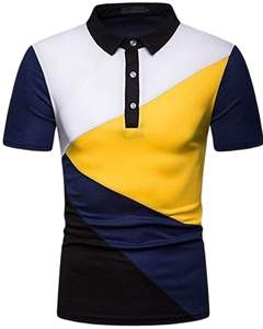 Camiseta Polo Personalizada de Manga Corta para Hombre, Diseño de Bloques de Color Amarillo, Blanco, Azul Marino y Negro, Tejido Transpirable, Ropa Casual de Golf, OEM Personalizado - Product Image 1