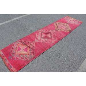 Alfombra de lana turca Rosa vintage de 2,5x9, 9 pies, hecha a mano, área grande, Tabriz, retales abstractos, pasillo, forma Rectangular, pasillos de látex - Product Image 3