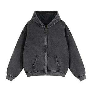 High Quality Winter Solid Acid Wash Sun Fade Heavy Weight Fleece 320g Blending Vintage Sports Streetwear <b>Men's</b> Zipper <b>Hoodie</b> - Product Image 2