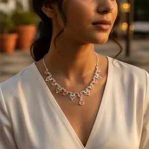 Collier en argent 925 pour femmes, bijoux en pierre de quartz rose tendance - Product Image 1