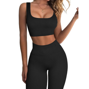 Ensemble de yoga 2 pièces respirant de haute qualité pour femme, col rond, dos nu, taille haute, antibactérien, écologique, coupe-vent - Product Image 1