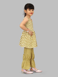 Shoryam Fashion Olive Peplum <b>Top</b> Sharara Bottom Set Kids Girls | Breathable Cotton <b>Indian</b> Traditional Party Wear Quick Dry All - Product Image 3