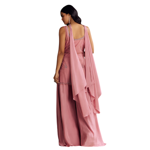 Rosa crêpe ricamato Kurta Palazzo completo con rete girocollo Dupatta all'ingrosso donna abbigliamento etnico OEM abbigliamento abito personalizzato - Product Image 5