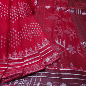 Exclusif Deshi Dhakai ROUGE Jamdani Sharee Qualité à l'exportation pour les femmes JAMDANI FABRIC Bleu ciel VERT Bleu Doré du Bangladesh - Product Image 1