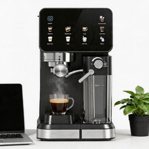 Machine à café expresso professionnelle DON FELIZ 20 bars 1350W en acier inoxydable avec écran LCD, système de lait automatique, capacité de 2 tasses, UE - Product Image 1