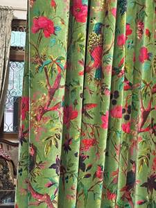 Handmade Olive Bird <b>Print</b> Cotton Velvet Curtains Luxury Custom Drape Cotton Velvet Vintage Style Cotton Luxury - Product Image 3