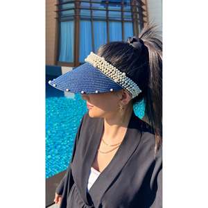 <b>Navy</b> Blue Pearl Detailed Stylish Straw Visor Hat Oval Design Summer <b>Accessory</b> HSR2086 - laci2086 - Product Image 3