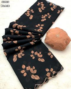 Tendance tenue haute qualité Saree doux et lisse en mousseline de soie sans poids Floral impression numérique Blouse avec broderie travail à vendre - Product Image 3