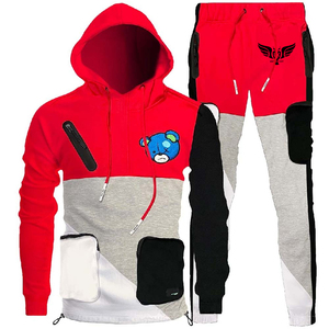 <b>Men</b> Winter Patchwork Tracksuit Multiple Pocket Red <b>Grey</b> Black White Panels <b>Hoodie</b> Bear Embroidery Matching Jogger Pants - Product Image 1
