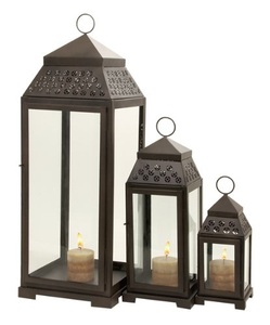 Juego de decoración del hogar de estilo europeo de 3 linternas de vela de vidrio con recubrimiento de polvo negro, decoración de Festival de Navidad personalizable - Product Image 1