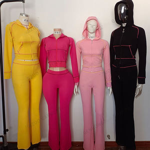 Survêtement en tricot gaufré personnalisé pour femmes Surpiqûres contrastées Tricotage gaufré Vêtements de détente Ensemble 2 pièces Vêtements pour femmes - Product Image 3