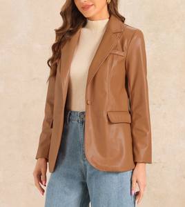 Chaqueta de cuero de otoño e invierno personalizada para mujer, cuello vuelto sólido, mangas completas, forro de algodón/poliéster transpirable - Product Image 2