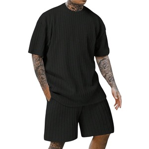 Trajes de verano de dos piezas para hombre, camiseta de manga corta con cuello redondo y pantalones cortos informales con cordón, traje suave de Color sólido a la moda - Product Image 3