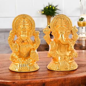 Statue en métal plaqué or Laxmi Ganesh Ji - Traditionnelle et moderne pour la décoration de la maison, cadeaux d'affaires, occasions festives, religieuses - Product Image 2