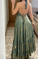 Robe longue de luxe bohème chic à imprimé floral cachemire noir et or, manches courtes, col en V, taille naturelle, écologique et lavable