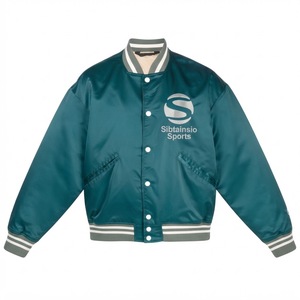 Chaqueta Bomber de Satén Color Verde Azulado con Cuello, Puños y Dobladillo de Punto Acanalado con Rayas Bordadas y Botones a Presión, Chaqueta de Béisbol Premium OEM - Product Image 1