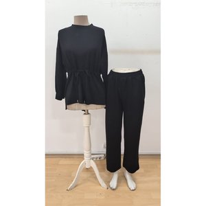 Conjunto de Dos Piezas para Mujer, Blusa de Manga Larga con Cuello Redondo y Cintura con Cordón, Viscosa de Dos Hilos, y Pantalones, 37791 - Negro - Product Image 4