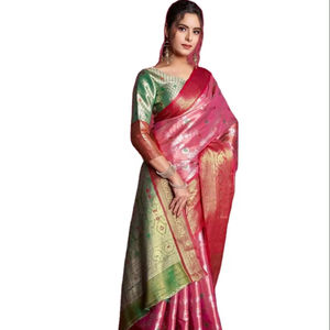 Sari de Seda Kanjivaram de Diseño, Suministro Directo de Fábrica, con Hilo Zari, Borde Jacquard en Contraste, Vestido Largo, Tejido de Seda - Product Image 1