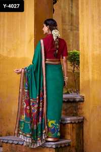 Ropa tradicional india Poliéster Viscosa Chanderi Sari y piezas de Blusa con estampado Kalamkari para bodas y festivales - Product Image 3