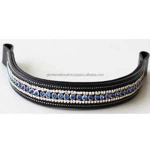 Banda para la frente de caballo de cuero negro de alto acabado Banda para la frente de brida inglesa de cristal ostentoso con acolchado suave y costuras en contraste - Product Image 5