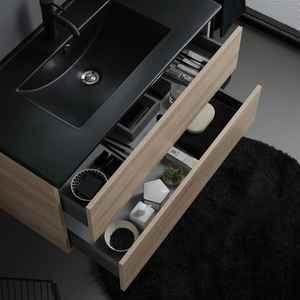 Meuble de salle de bain minimaliste mural de 90 cm avec 2 tiroirs en chêne, lavabo noir, miroir 90x70, lampe Belize, ensemble complet - Product Image 5