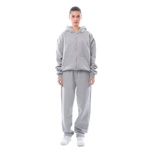 Nouveau modèle Ensemble de sport personnalisé en coton pour femmes Épaule tombante Workout Training Gym Loose Fit Solid Zip up Hoodie and Sweatpants Set - Product Image 1