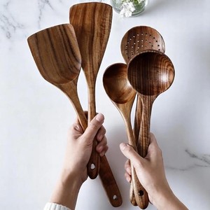 Utensilio de cocina de madera de acacia natural, utensilios de cocina, cuchara, cucharón, espátula, Skimmer, utensilios de cocina antiadherentes, esenciales, ecológicos - Product Image 4